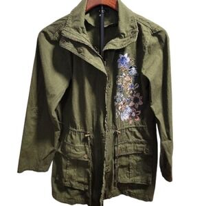 Olive Green Utility Jacket S Floral Embroidered Front & Back Boho Festival Indie